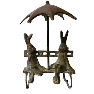 Vintage Romantic Brass Bunny Pair Under Umbrella Green Patina